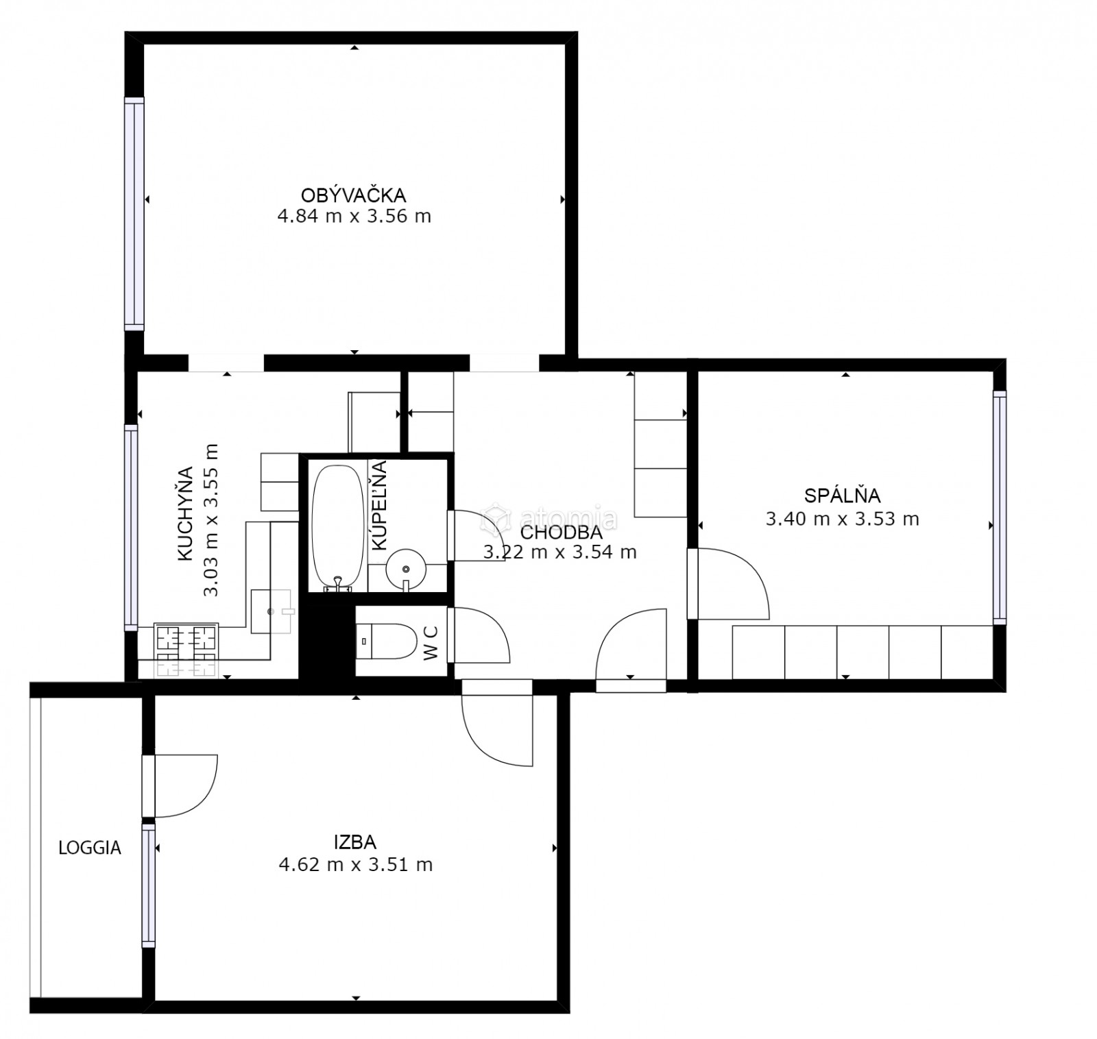 3 izbový byt,  4.p./5.p. výťah, loggia, v užívaní 74 m2, zateplený obytný dom, nový výťah!